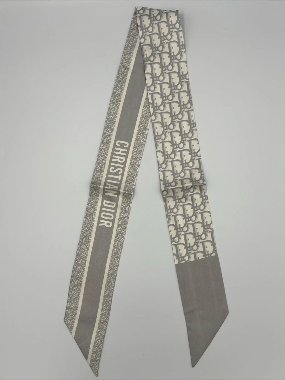 Christian Dior Oblique Mitzah Scarf Gray White Monogram Ribbon Hair Tie Bag